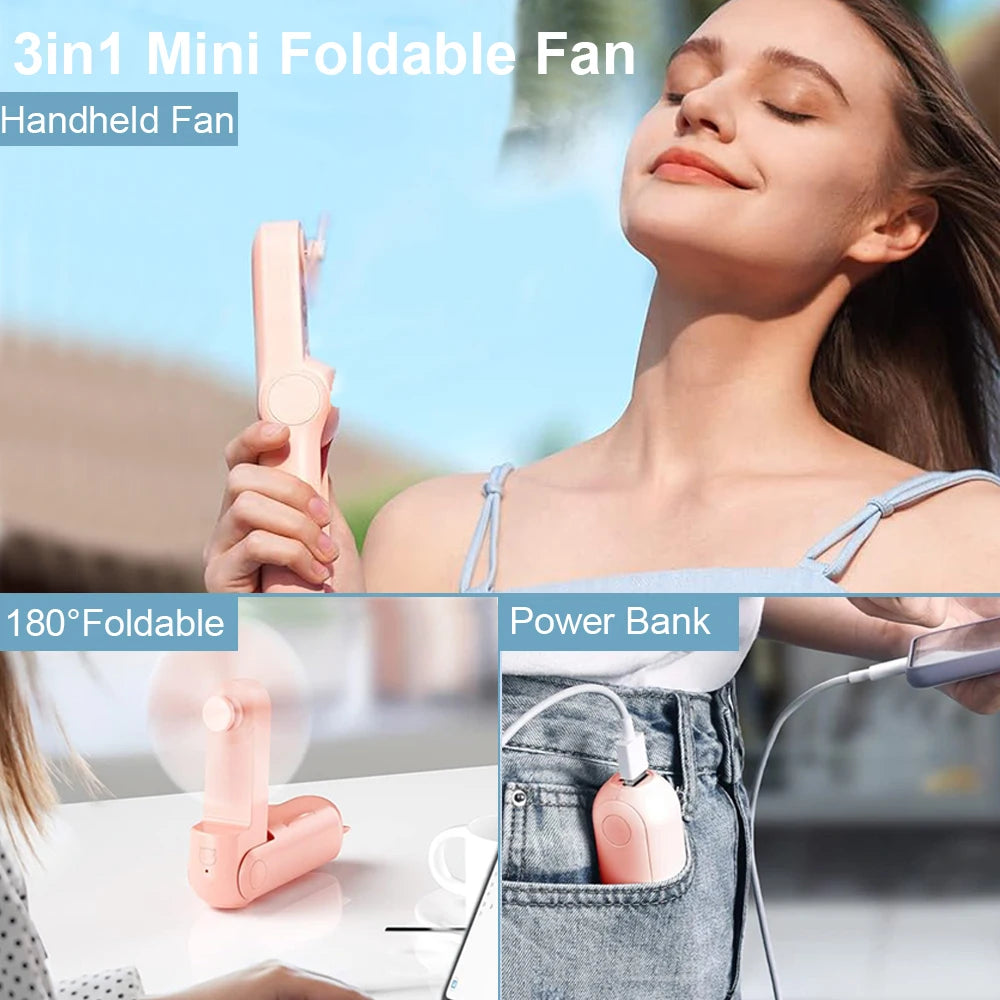 Portable Fan Super Mini Handheld Fan USB Rechargeable Fan Foldable Hand Held Small Pocket Fan with 2000Mah Power Bank 3 Gears
